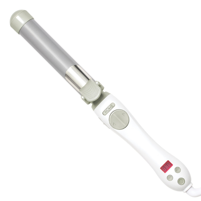 Electric curling iron with a digital temperature display and control buttons on a white handle.