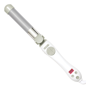 Electric curling iron with a digital temperature display and control buttons on a white handle.