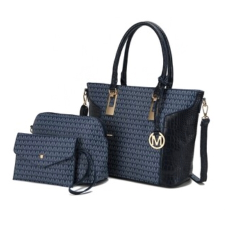A navy blue handbag set featuring a large tote, a medium-sized crossbody, and a small clutch, all adorned with a repeating \“M\“ pattern and gold-tone hardware.