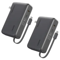 Two compact, portable power banks with built-in charging cables and LED displays showing battery percentage, featuring AUKEY branding and 10,000mAh capacity.