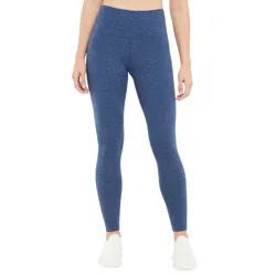 Blue high-waisted leggings with a heather texture, paired with white sneakers.