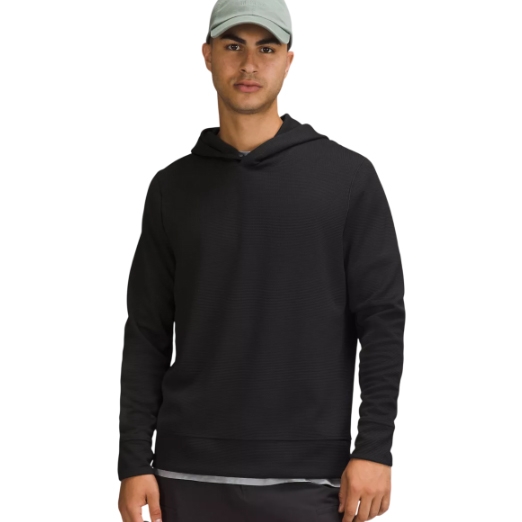 Lululemon Shift Stitch Men's Hoodie is a stylish, lightweight black hoodie made from textured fabric. It features a relaxed fit with a simple design, ideal for casual wear.