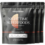 Moonbrew Night Time Superfoods is a herbal supplement with cinnamon chai flavor, featuring 30 servings, 11 superfoods, and 0 mg melatonin. Package weight: 4.4 oz (124g).