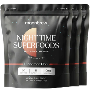 Moonbrew Night Time Superfoods is a herbal supplement with cinnamon chai flavor, featuring 30 servings, 11 superfoods, and 0 mg melatonin. Package weight: 4.4 oz (124g).