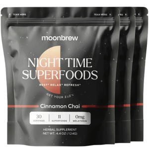 Moonbrew Night Time Superfoods is a herbal supplement with cinnamon chai flavor, featuring 30 servings, 11 superfoods, and 0 mg melatonin. Package weight: 4.4 oz (124g).