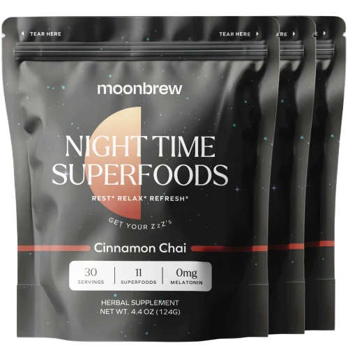 Moonbrew Night Time Superfoods is a herbal supplement with cinnamon chai flavor, featuring 30 servings, 11 superfoods, and 0 mg melatonin. Package weight: 4.4 oz (124g).