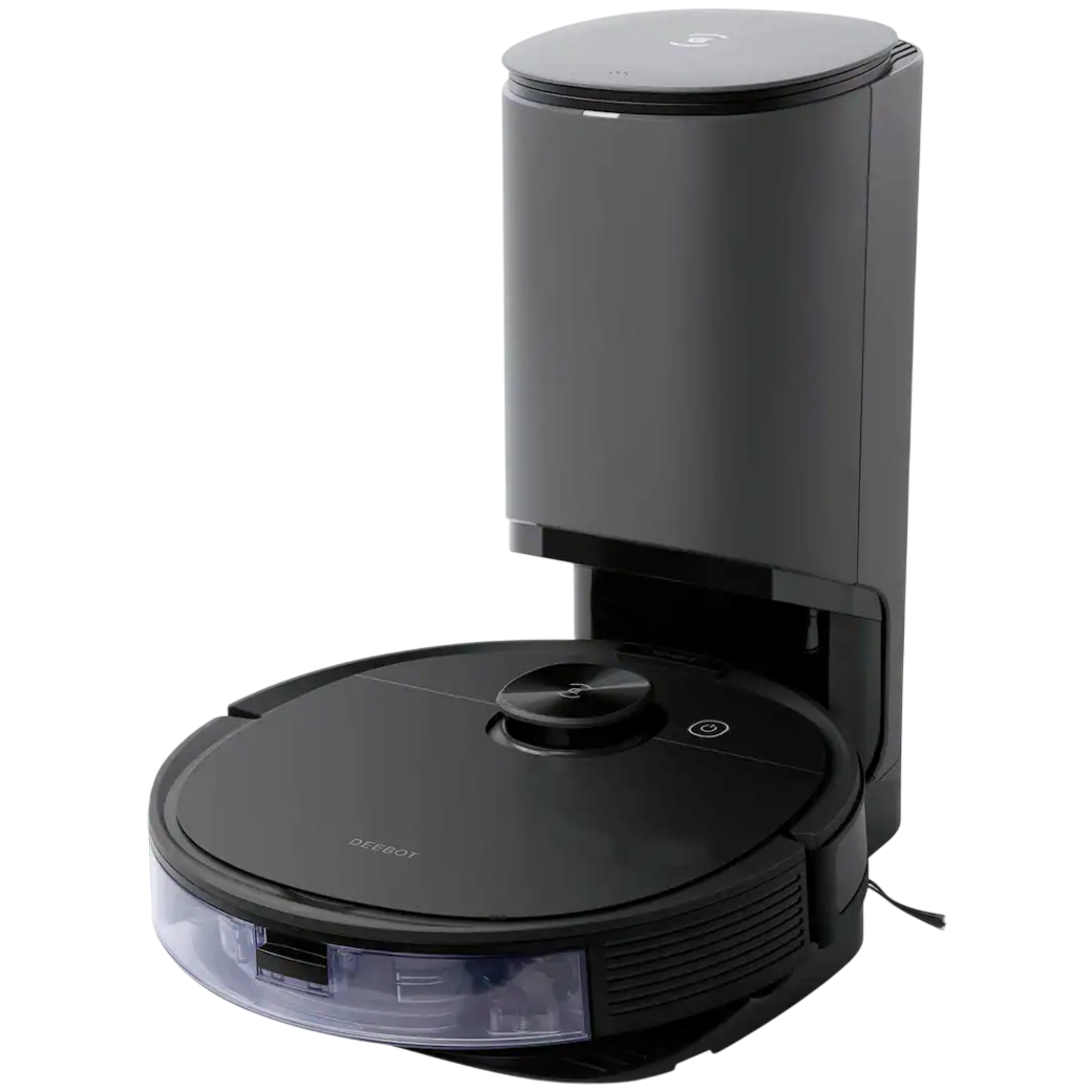 A black robotic vacuum cleaner with a charging and automatic dust emptying station.