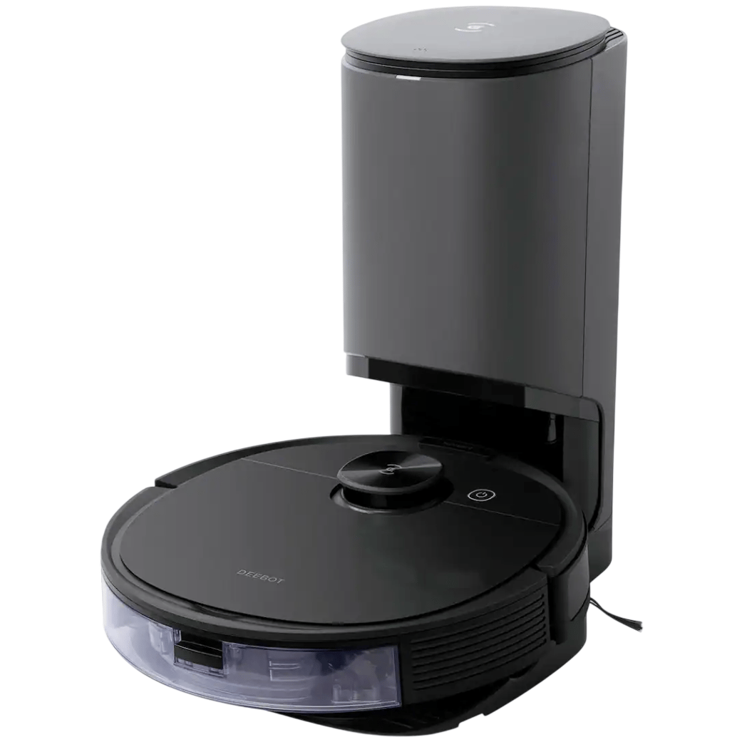 A black robotic vacuum cleaner with a charging and automatic dust emptying station.