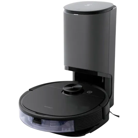 A black robotic vacuum cleaner with a charging and automatic dust emptying station.