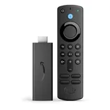 A Fire TV Stick with an Alexa Voice Remote, featuring media control buttons and a compact HDMI stick for streaming.