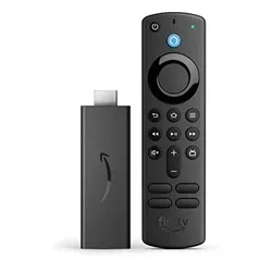 A Fire TV Stick with an Alexa Voice Remote, featuring media control buttons and a compact HDMI stick for streaming.