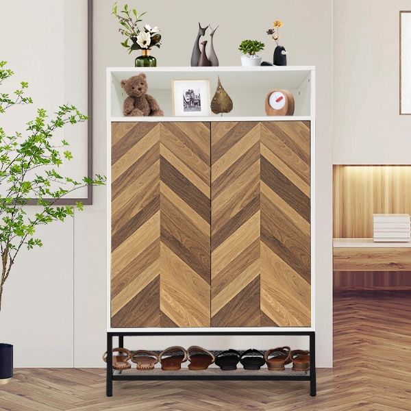 A modern cabinet with a herringbone wood pattern on the doors, featuring an open shelf with decorative items on top and a shoe rack at the bottom.