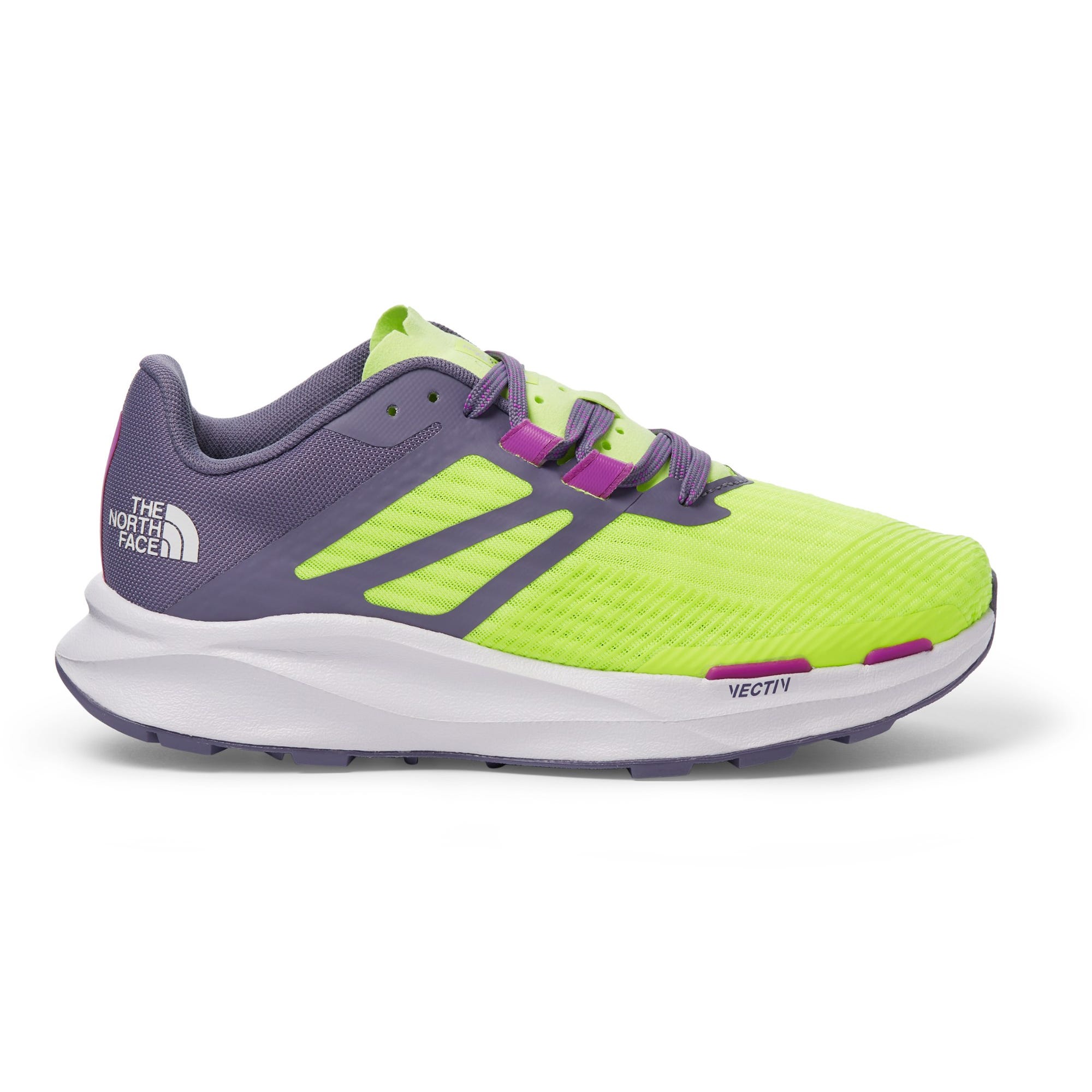 A single lime green and purple running shoe with a white sole and the logo of The North Face on the side.