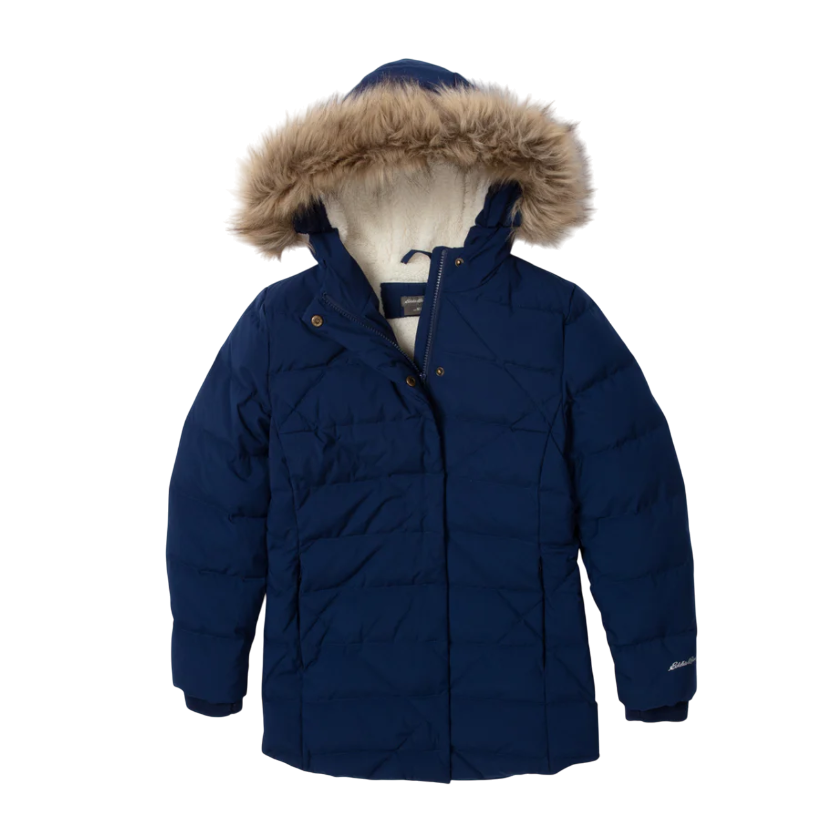 A navy blue parka with a faux fur-lined hood, featuring a quilted design and zipper closure.