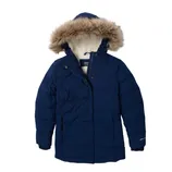 A navy blue parka with a faux fur-lined hood, featuring a quilted design and zipper closure.