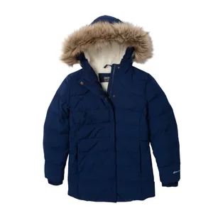 A navy blue parka with a faux fur-lined hood, featuring a quilted design and zipper closure.