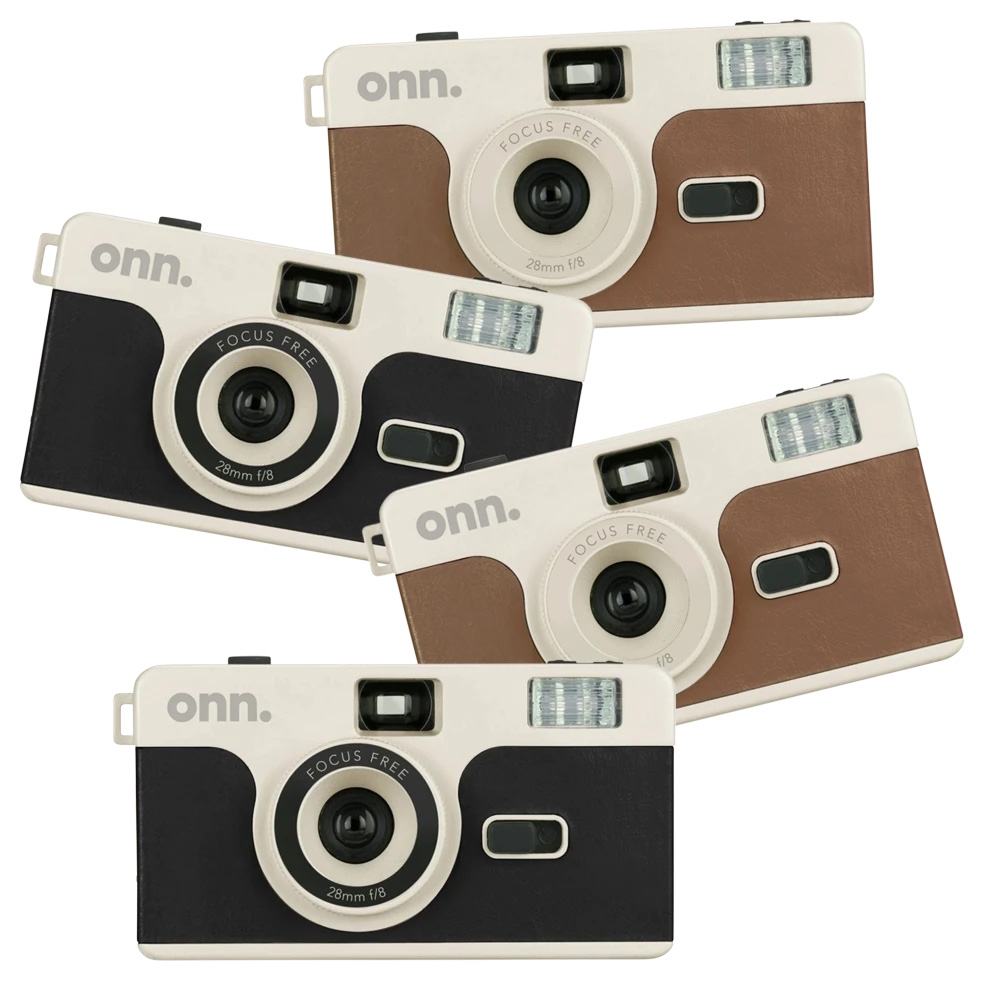 Four ONN reusable 35mm film cameras, each featuring a retro design with focus-free 28mm f/8 lenses and built-in flash. They come in black and brown color variations.