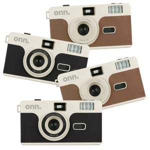 Four ONN reusable 35mm film cameras, each featuring a retro design with focus-free 28mm f/8 lenses and built-in flash. They come in black and brown color variations.