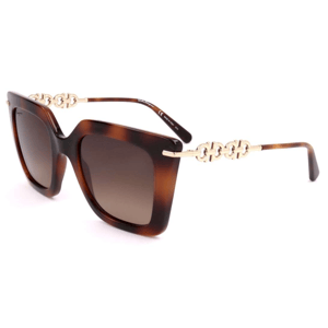 Square tortoiseshell sunglasses with gold-toned, ornate hinges featuring a stylized chain link design. The lenses have a gradient tint.