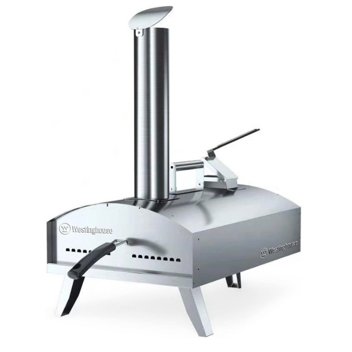 The Westinghouse outdoor pizza oven features a sleek stainless steel design, a chimney with a cap, and a handle for easy transport. It includes a vented door and a lever at the back, designed for efficient outdoor cooking.
