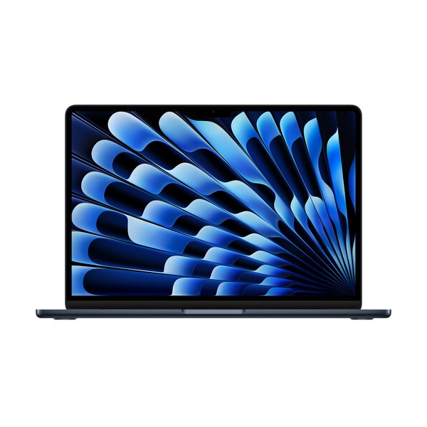 Laptop with a dark design and blue abstract wallpaper on the screen.