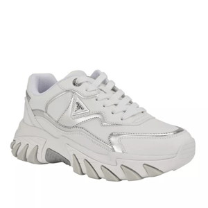 White chunky sneakers with a prominent triangular logo detail and bold, wavy soles.