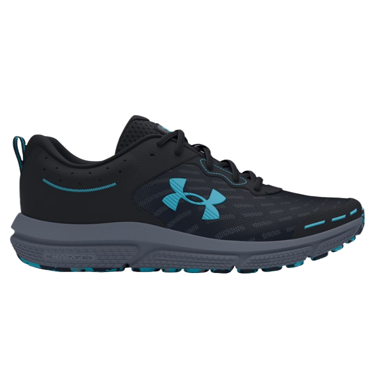A black and teal Under Armour running shoe with a Charged cushioning sole, featuring the brand's logo on the side.