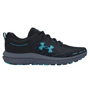 A black and teal Under Armour running shoe with a Charged cushioning sole, featuring the brand's logo on the side.