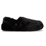 A black furry slipper with a sleek and simple design, featuring a button-like detail on the side.