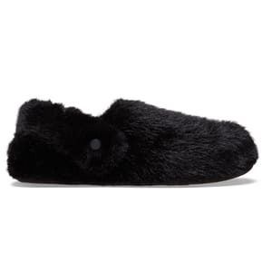 A black furry slipper with a sleek and simple design, featuring a button-like detail on the side.
