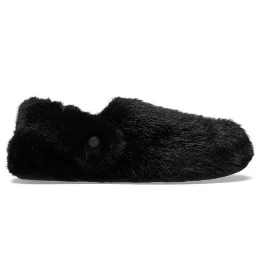 A black furry slipper with a sleek and simple design, featuring a button-like detail on the side.
