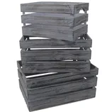 A stack of six rustic wooden crates with a weathered, gray finish.