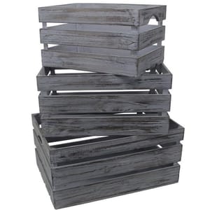 A stack of six rustic wooden crates with a weathered, gray finish.