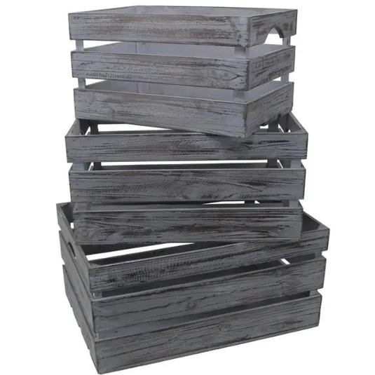 A stack of six rustic wooden crates with a weathered, gray finish.