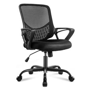 Black ergonomic office chair with a mesh back, cushioned seat, adjustable height, and rolling casters.