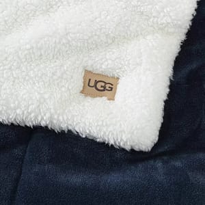UGG label on a white, fluffy textile with a dark blue background, suggesting a piece of clothing or accessory.