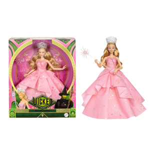 Wicked Deluxe Glinda doll by Mattel, featuring Glinda in a pink dress with a tiara and wand, packaged in a decorative box with character imagery.