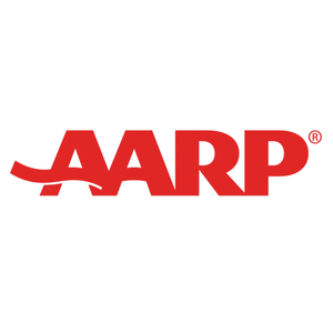 AARP logo, featuring bold, red letters with a wave design in the first \“A\“.