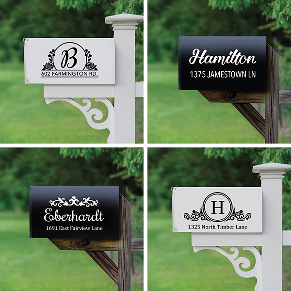 Four decorative mailboxes with personalized designs, featuring family names and addresses on white and black backgrounds with floral and ornamental accents.