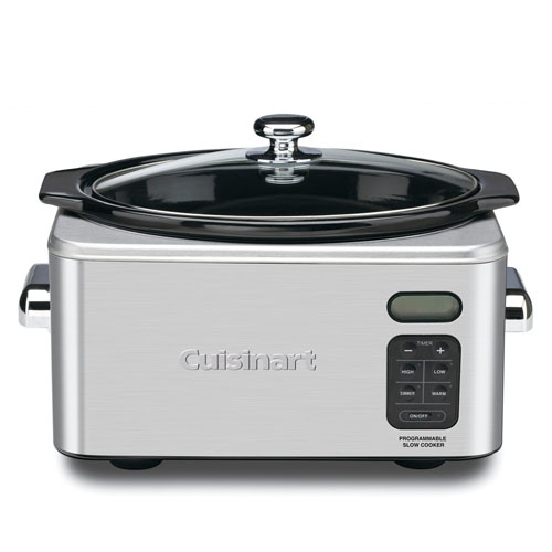 A Cuisinart programmable slow cooker with a stainless steel exterior, digital control panel, and a glass lid.