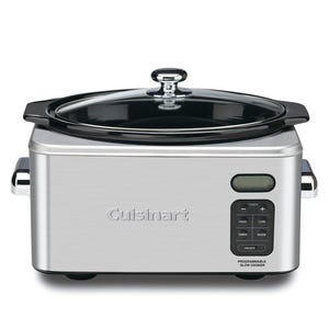 A Cuisinart programmable slow cooker with a stainless steel exterior, digital control panel, and a glass lid.