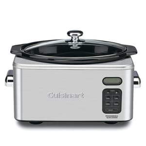 A Cuisinart programmable slow cooker with a stainless steel exterior, digital control panel, and a glass lid.