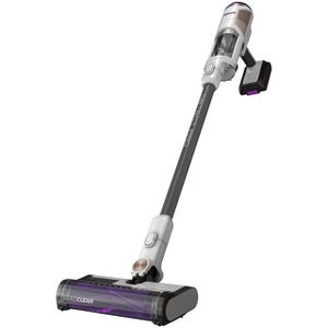 A refurbished Shark Stick Vacuum features a sleek design with a detachable handheld unit, a transparent dust container, and a QuadcClean floor head. It includes a rechargeable battery mounted at the rear.