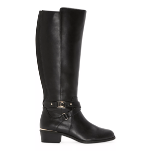 A black knee-high riding boot with a low heel, featuring a decorative strap and buckle detail near the ankle.