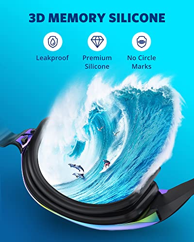 Anti-fog swimming goggles are featured with 3D memory silicone for a leakproof fit, high-quality silicone, and are designed to leave no marks around the eyes.