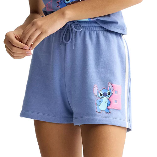 Blue shorts featuring a drawstring waist with a character design of Stitch from \“Lilo & Stitch\“ on the side.