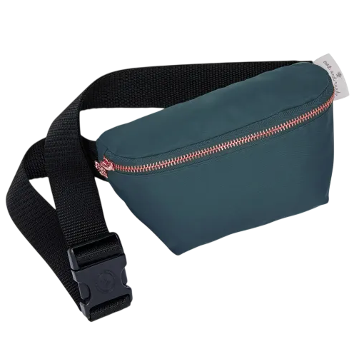 A teal waist pouch with a black adjustable strap, featuring a pink zipper and a plastic buckle closure.