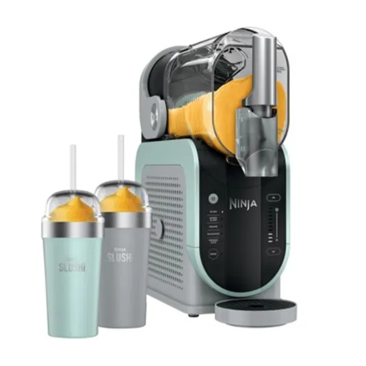 A Ninja slushie machine with two slushie cups, one mint and one gray, filled with yellow frozen drinks.