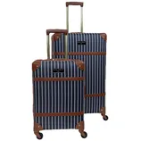 Two navy blue and white striped suitcases with brown leather accents and telescopic handles, each featuring four wheels for easy mobility.