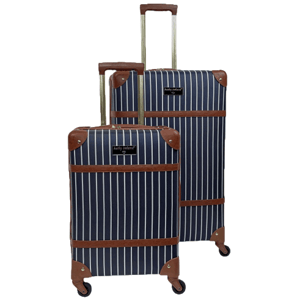 Two navy blue and white striped suitcases with brown leather accents and telescopic handles, each featuring four wheels for easy mobility.
